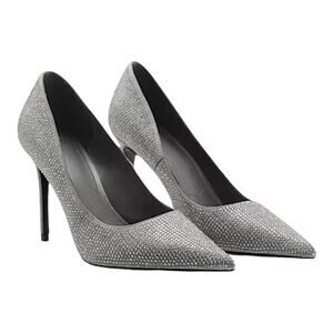 Mango Rhinestone Embellished Pointed Toe Satin Heel Pump Gray Size 39/ 8.5